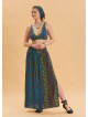Navy Blue Long Skirt with Elastic Waist and Deep Slit 4502